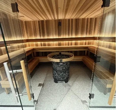Cedar-lined 16-person sauna in the recovery area